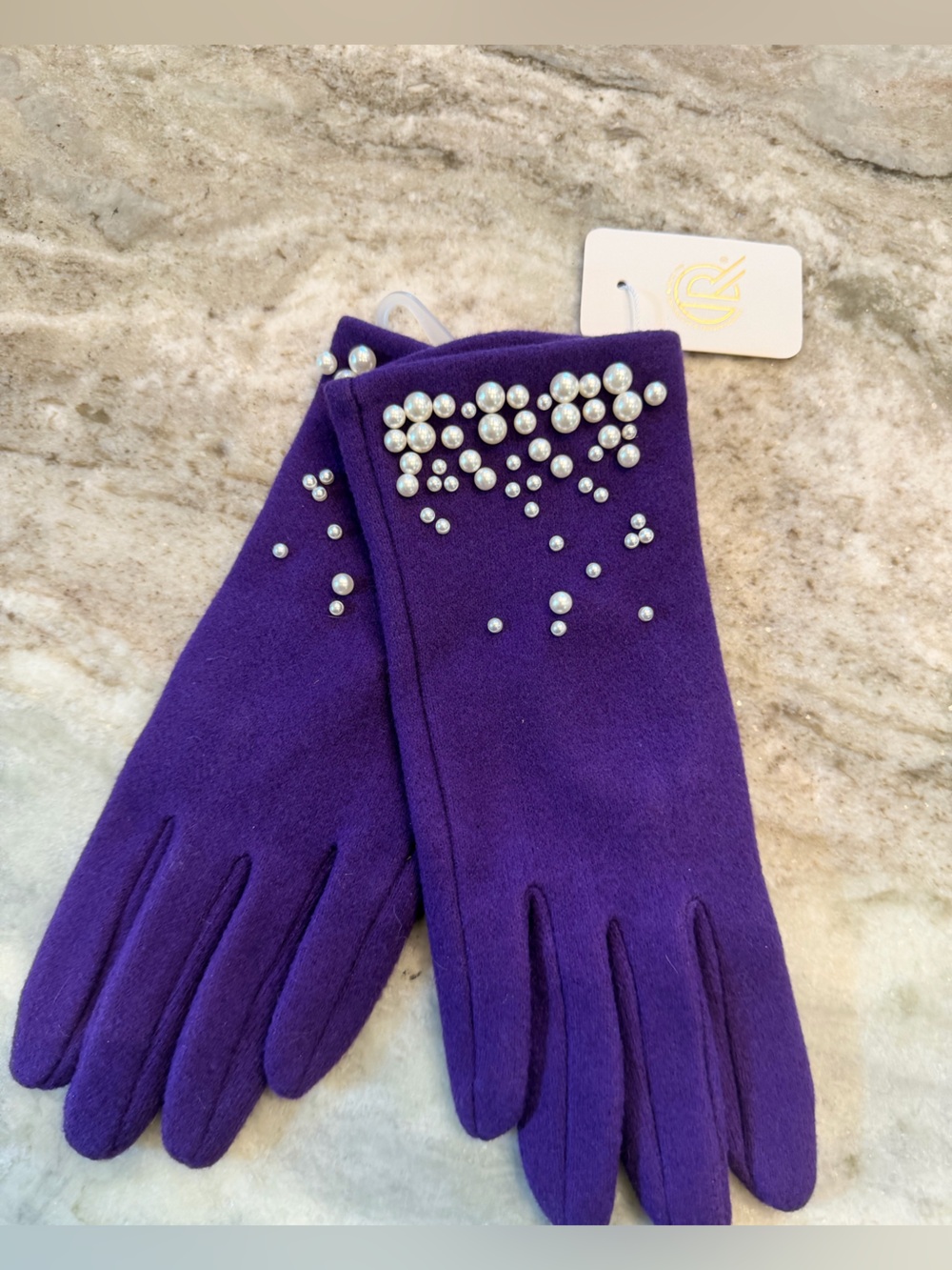 Purple Faux Pearl Embellished Winter Gloves Elegant Soft Fashion Accessories